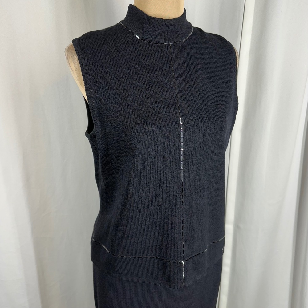 St. John Sport Marie Gray Santana Knit Black Mock Neck Metallic Paillette Tank S
